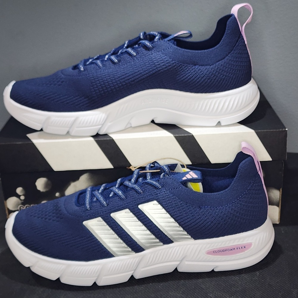 New Adidas CloudfoamFlex Slounge Women sz 10 Wide Mesh Navy Silver Pink  Gym
